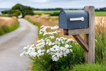 Rural mailbox standing along a quiet country road with white flowers