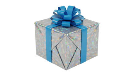 Silver holographic gift box with blue ribbon and bow isolated on white