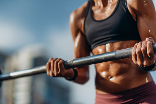 Close up, Young athletic woman performing outdoor workout, muscular and strong body