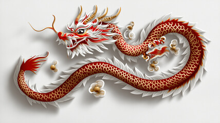 Obraz premium Vibrant and intricate dragon design featuring red and white colors, showcasing detailed scales and expressive features, symbolizing power