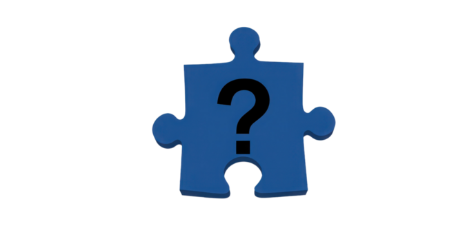 Blue Puzzle Piece 3D Render Illustration with Black Question Mark Symbol isolated on Transparent Background