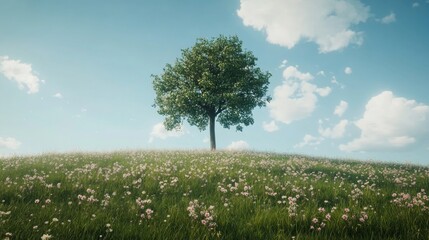 Fototapeta premium Solitary tree atop a vibrant, flower-filled hill under a serene sky