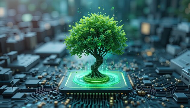 A futuristic digital tree growing out of a microchip shows how technology and nature can work together.