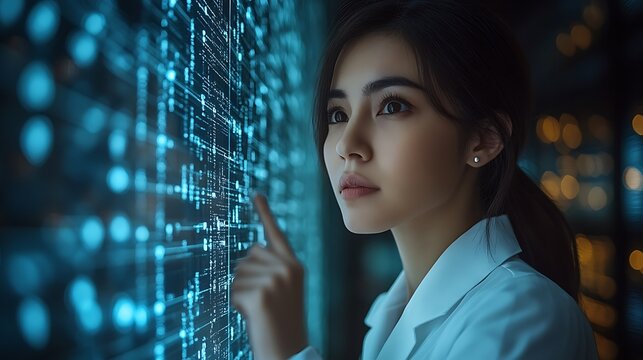 Woman interacting with digital display