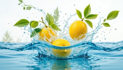 Green leaves with yellow lemons splashing into the water