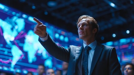 Confident businessman giving a presentation in a high-tech control room


