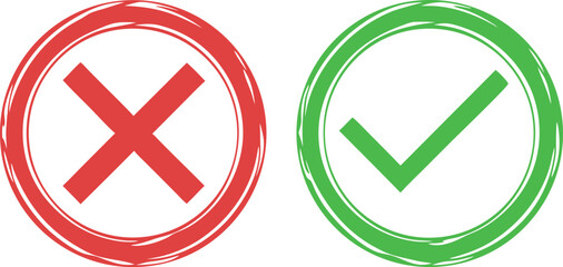 Red X inside a circle green checkmark inside a circle on a simple graphic vector