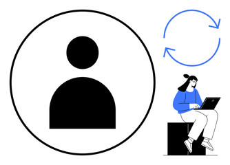 Black user icon encircled, blue circular arrows symbolizing update. Woman sitting with laptop. Ideal for user account, status, data sync, refresh, identity UIUX technology. Simple flat metaphor