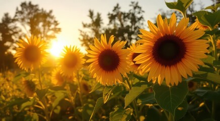 Obraz premium Sunflowers glow vibrantly in a summer field, capturing the beauty of nature with golden petals bathed in the warm light of sunset, creating a serene rural scene of floral elegance.