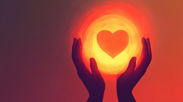 Two hands holding a glowing heart in warm colors