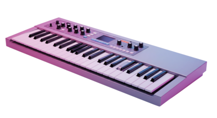 Electronic music keyboard synthesizer isolated on white with pink blue lighting