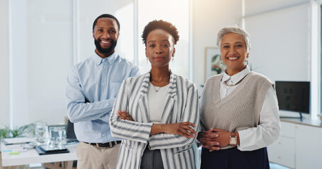 Crossed arms, portrait and business people in office for collaboration with confidence for career. Smile, professional and financial advisors with pride for teamwork with happiness in workplace.