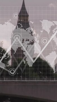 Animation of financial data processing over london cityscape