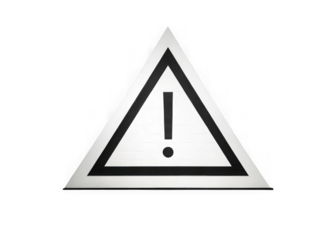 Black and white triangular warning sign with an exclamation mark isolated on transparent background