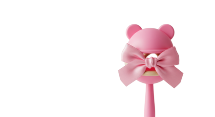 Cute pink bear shaped lollipop with bow on white background