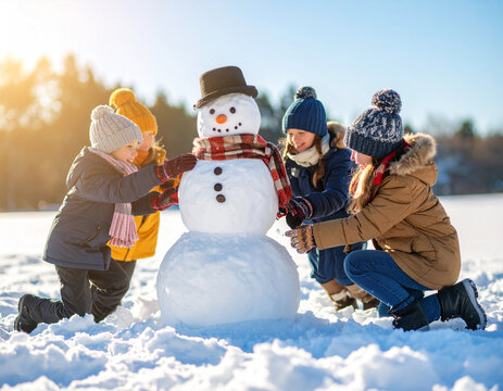 Kids from various backgrounds building a snowman