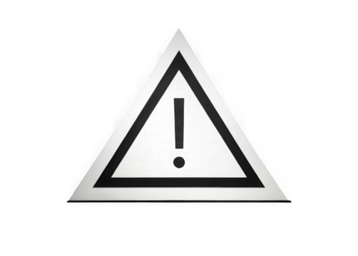 Black and white triangular warning sign with an exclamation mark isolated on transparent background