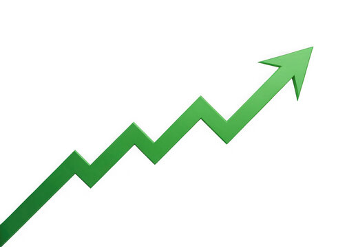 Green upward trend arrow graph showing progress and growth isolated on transparent background