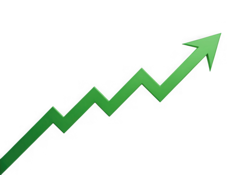 Green upward trend arrow graph showing progress and growth isolated on transparent background - Powered by Adobe