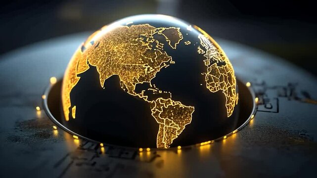 A globe with a stylized world map glows with gold lights atop a gray, circuit-patterned base. The background is dark, creating a high-contrast, tech-inspired aesthetic