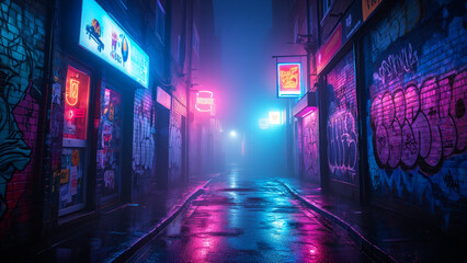 Neon-lit urban alleyway, graffiti art, cyberpunk aesthetic, misty night
