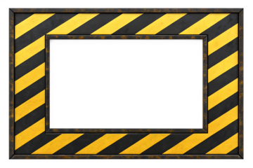 Yellow metal caution frame with black striped border on white background