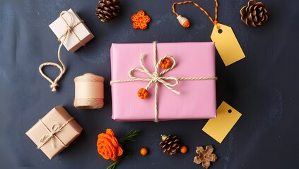 Rustic Gift Wrapping Flat Lay: Kraft Paper Package with Orange Accents
