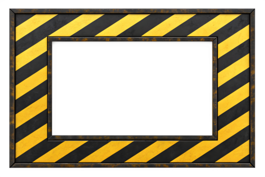 Yellow metal caution frame with black striped border on white background
