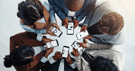 Business people, meeting or huddle with phone in circle above for network or data sync in office....