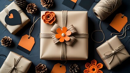 Rustic Gift Wrapping Flat Lay: Kraft Paper Package with Orange Accents
