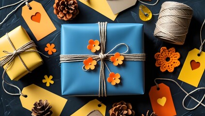 Rustic Gift Wrapping Flat Lay: Kraft Paper Package with Orange Accents
