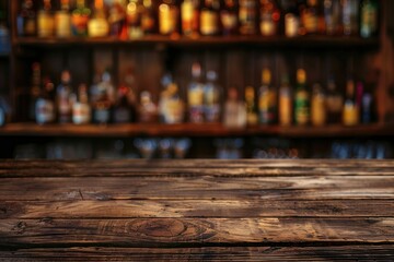 Vibrant Color Picture of Empty Wooden Bar Counter with Blurred Bottle Background