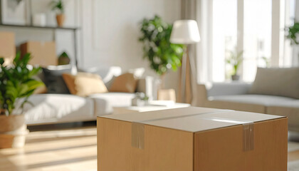 Fototapeta premium 상자가 거실에 있는 이사중인 실내 인테리어 