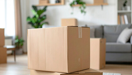 상자가 거실에 있는 이사중인 실내 인테리어 