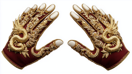 Fototapeta premium Exquisite decorative gloves featuring intricate gold dragon designs and floral patterns, showcasing craftsmanship and elegance