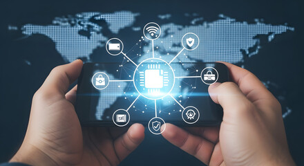Global interconnectedness visualized through a smartphone displaying a central processor and various security and financial icons.