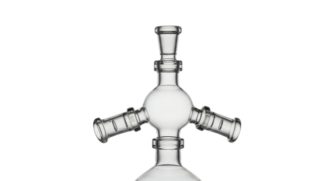 Clear Glass Laboratory Multi-neck Round Bottom Flask Adaptor isolated on Transparent Background