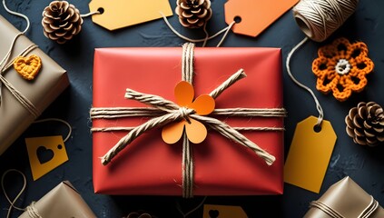 Rustic Gift Wrapping Flat Lay: Kraft Paper Package with Orange Accents
