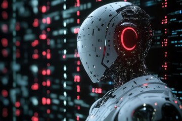 Innovative robot head illuminated with red lights in a digital environment filled with hexadecimal data, Computer hexadecimal digits Artificial intelligence and data transfer concept 3D render