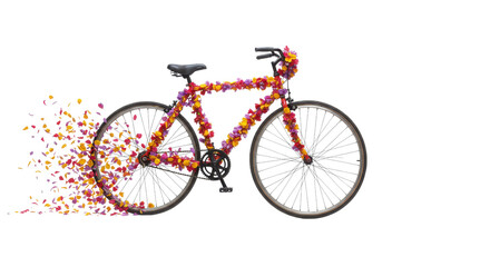 Fototapeta premium Colorful flower bicycle illustration with petals trail on white background
