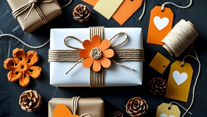Rustic Gift Wrapping Flat Lay: Kraft Paper Package with Orange Accents
