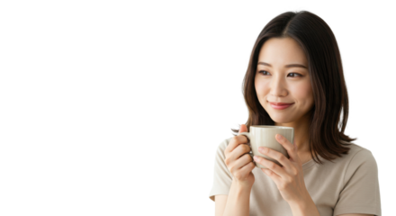 Portrait of smiling young East Asian woman holding a coffee or tea mug isolated on Transparent Background