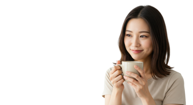Portrait of smiling young East Asian woman holding a coffee or tea mug isolated on Transparent Background