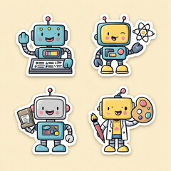 A set of funny, cute, vintage cartoon robots, isolated for fun and futuristic play