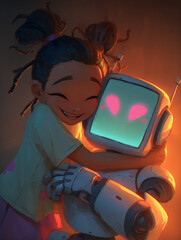 A girl lovingly hugs a robot with a cute heart-shaped display, a moment of connection and warmth. 