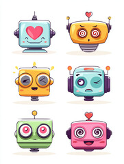 A set of funny, cute, vintage cartoon robots, isolated for fun and futuristic play