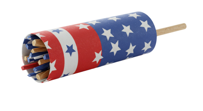 American flag wrapped cardboard firework tube filled with wooden sparkler sticks isolated on Transparent Background