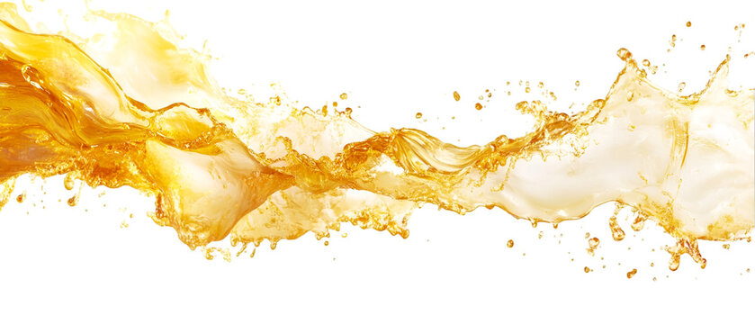 An energetic stream of golden liquid splashes across a dark backdrop, creating a dynamic abstract effect suitable for design elements, transparent background