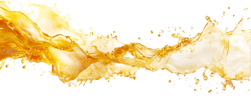 An energetic stream of golden liquid splashes across a dark backdrop, creating a dynamic abstract effect suitable for design elements, transparent background