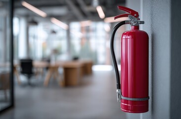 Red fire extinguisher hangs on a wall in a modern office, a symbol of safety and preparedness.